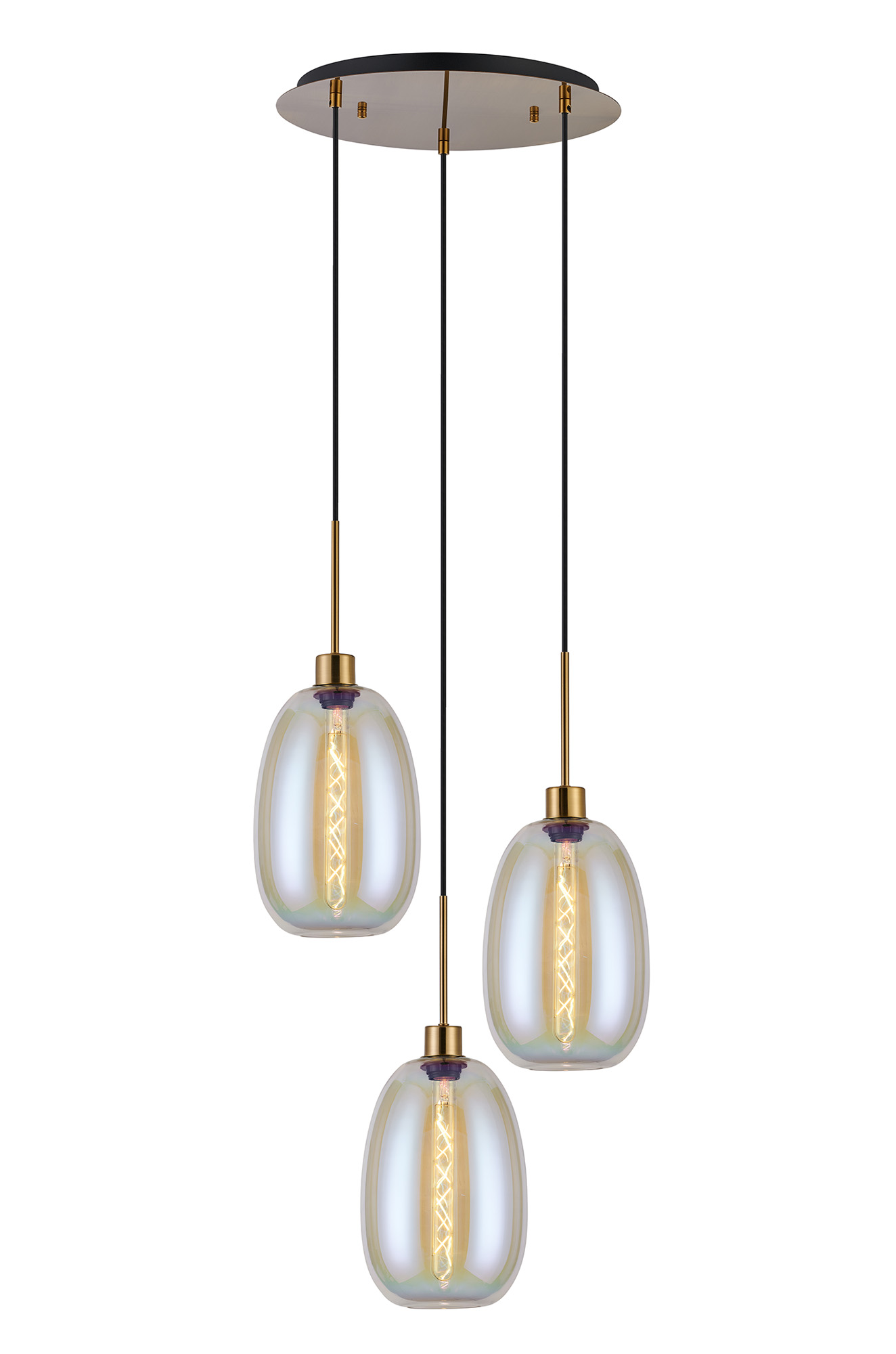 Lori 40cm Round Pendant, 3 Light Adjustable E27, Antique Gold/Iridescent Slim Curved Trapezium Shades